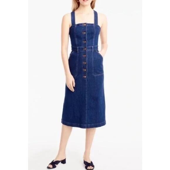 J. Crew Womens Denim Apron Dress Sleeveless Button Front Medium Wash 4 NWT - Picture 1 of 9